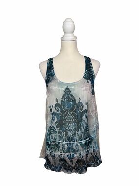 Vanity Blue Teal Lace Embellished Chiffon Tank Top Boho Beaded Racerback Large